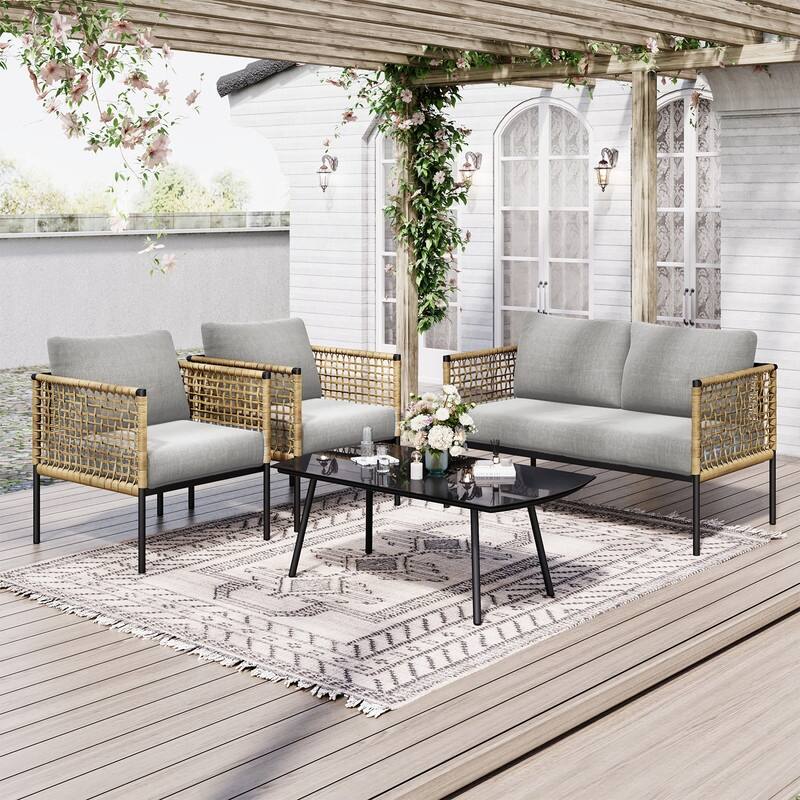 4-piece Waterproof Fabric Sofa Set (2+1+1) with PE Woven & Marble Table