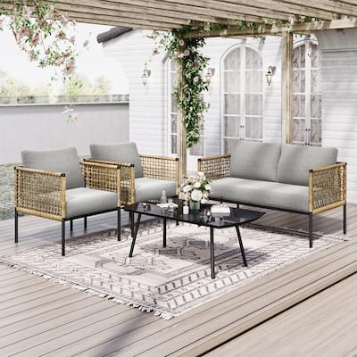 4-piece Waterproof Fabric Sofa Set (2+1+1) with PE Woven & Marble Table