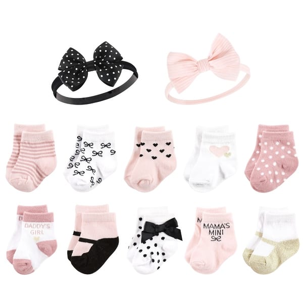 slide 1 of 1, Hudson Baby Infant Girl Sock and Headband 12pc Set, Mom Dad, 0-9 Months - Mom Dad Mom Dad - 0-9 Months