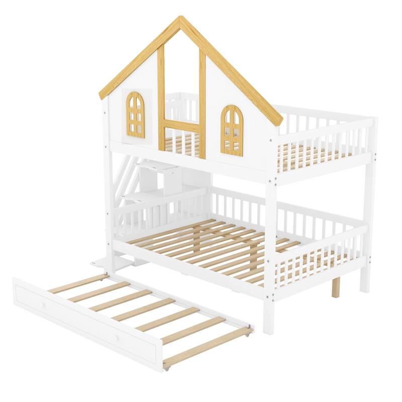 GDFStudio -DreamCottage Modern Wooden House Roof Bunk Bed with Storage Drawers and Staircase