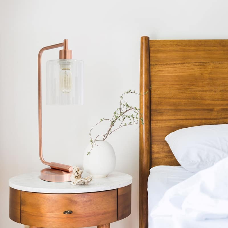 Simple Designs 18.8" Iron Lantern Desk Table Lamp with Glass Shade, Antique Brass, With LED Bulb
