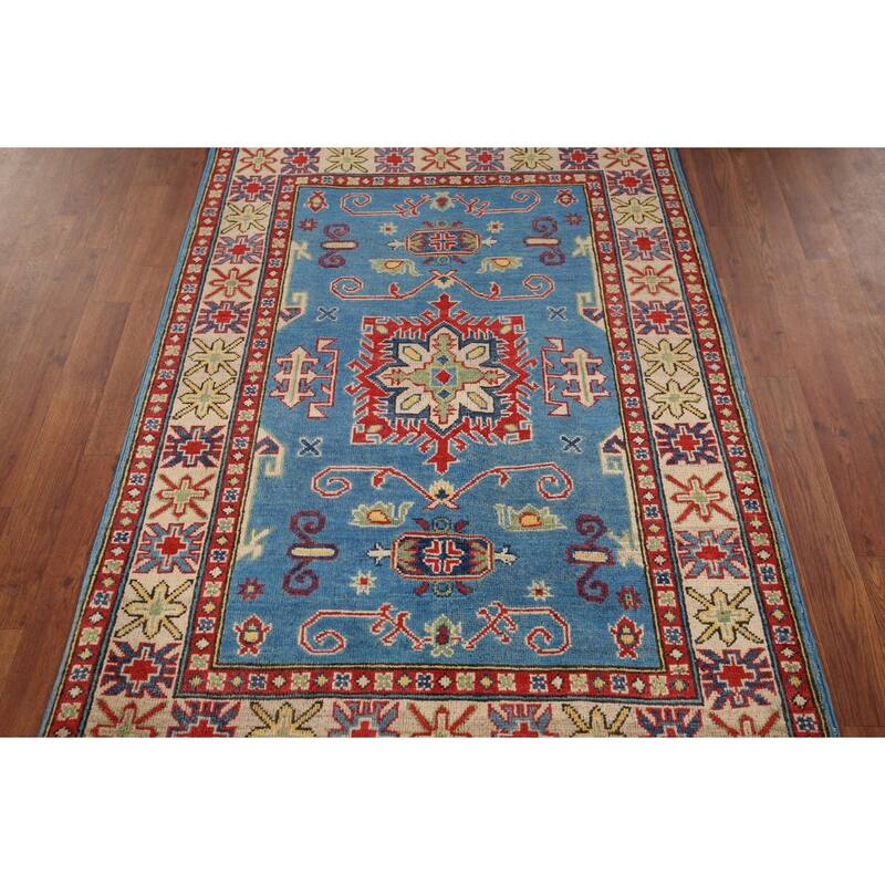 Blue Kazak Pakistan Accent Rug Hand-Knotted Wool Carpet - 3'5" x 4'10"