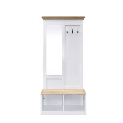 Transitional Style Hall Tree Oak Coat Rack & Includes Body Length Mirror and Bench with 2 Open Compartments and 3 Metal Hooks