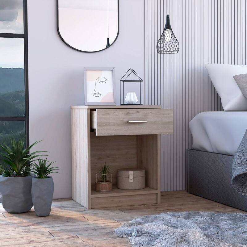 Minimalist Light Grey Nightstand with Drawer and Open Shelf