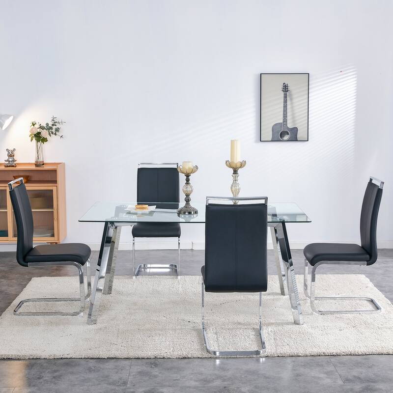 Minimalist style rectangular glass dining table with tempered glass and golden metal legs, for dining room,living room