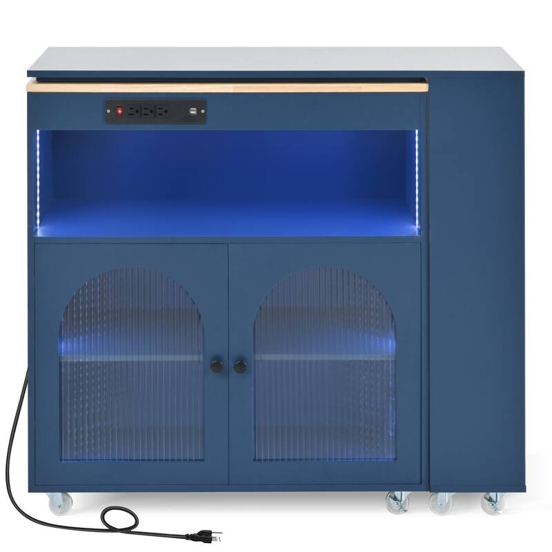 Rolling Kitchen Island With Extended Table, Kitchen Island on Wheels with LED Lights,Power Outlets and 2 Fluted Glass Doors