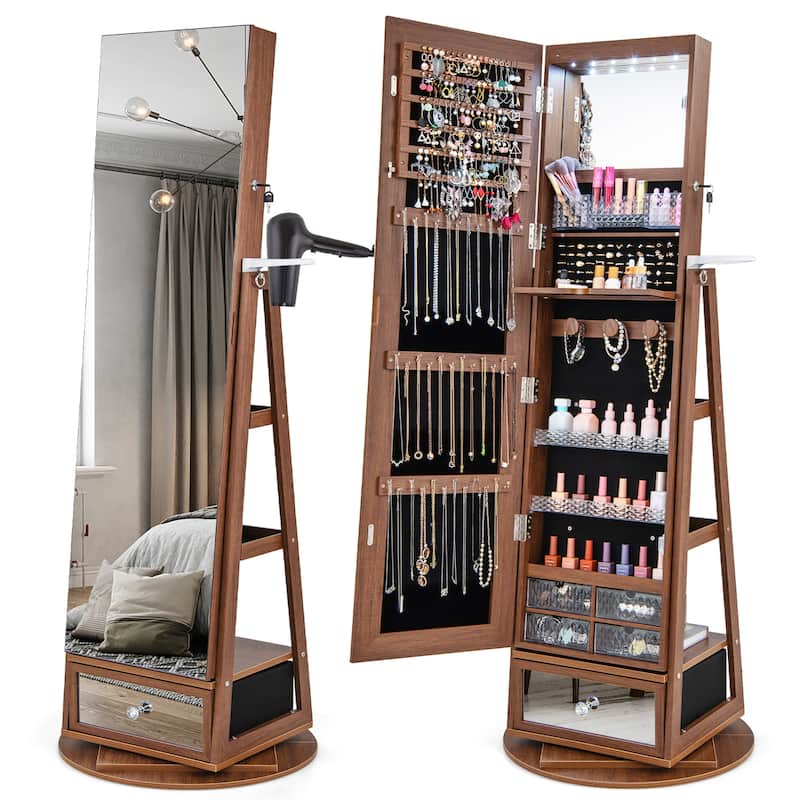 Gymax Swivel Jewelry Cabinet Full Length Mirror w/Built-in Lights - Walnut