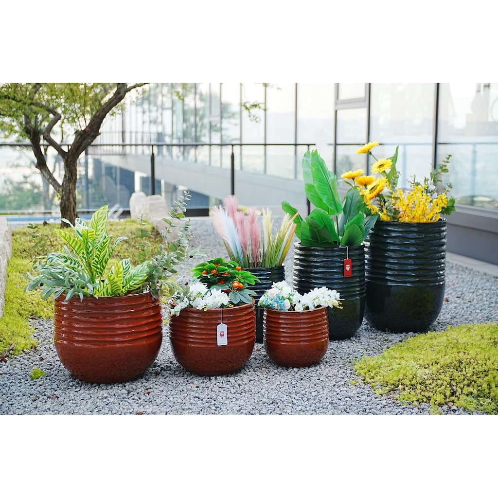 Rustic Red Ceramic Planter Set of 3 - 14.6" Square Striped Plant Pots with Drainage Holes