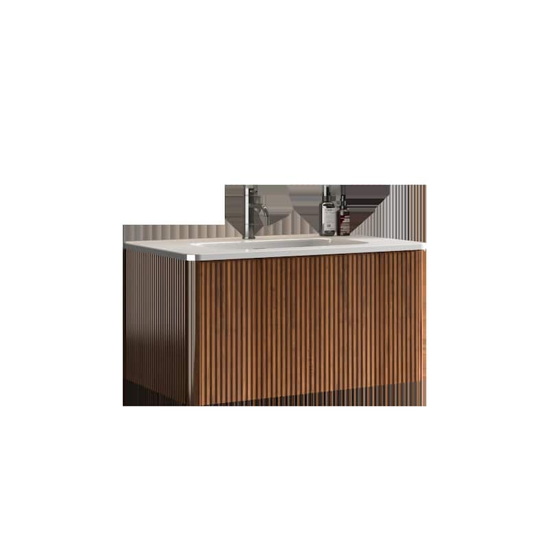 30" Striped Bathroom Vanity with White Ceramic Sink, Wall Mounted Floating Vanity