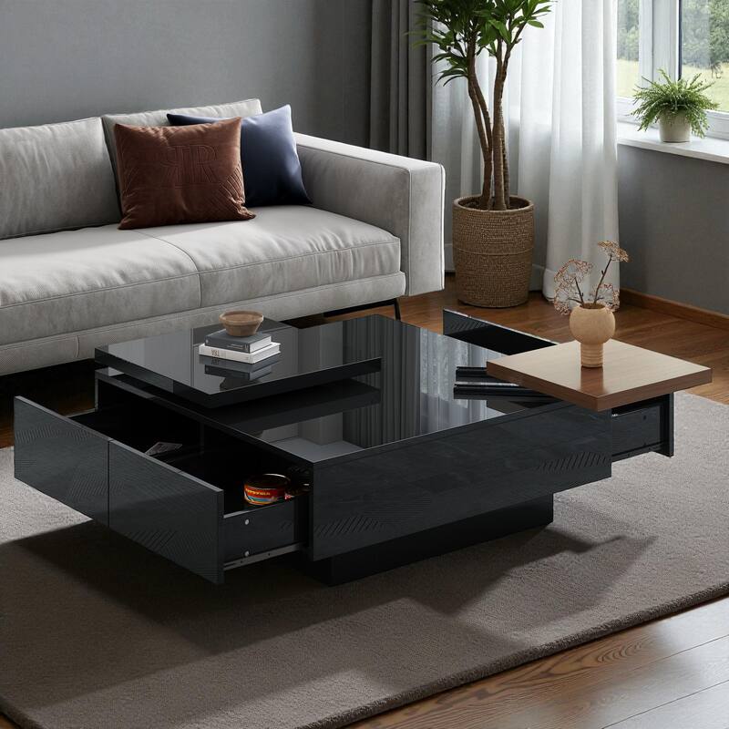Modern Square Movable Top Coffee Table with 4 Hidden Storage Drawers, High Gloss Wood Center Table for Living Room - Black
