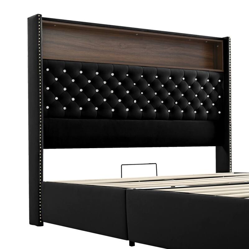 Velvet Tufted Platform Bed with USB Port and Night Light with 52'' High Headboard Shelf