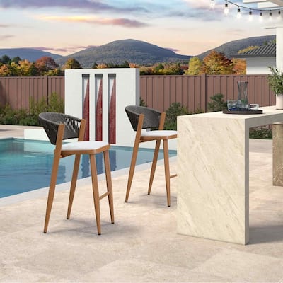 PURPLE LEAF Bar Stool Set of 2 Outdoor Rattan Bar Chair with Back Metal Bar Height Stool Wicker Barstool Dark Grey - N/A