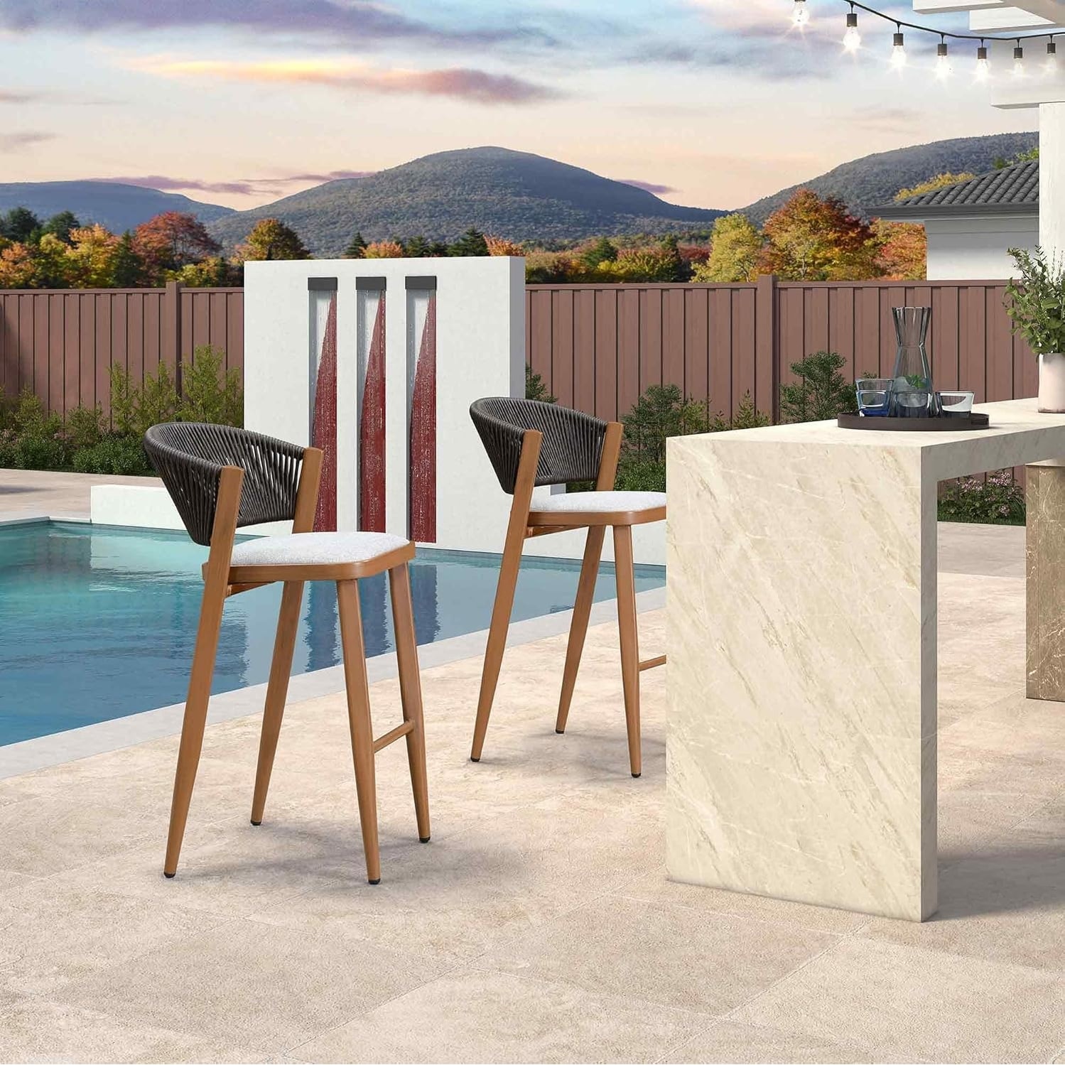PURPLE LEAF Bar Stool Set of 2 Outdoor Rattan Bar Chair with Back Metal Bar Height Stool Wicker Barstool Dark Grey