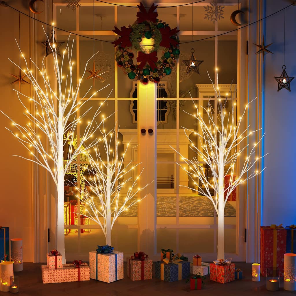 4FT & 5FT & 6FT Birch Christmas Tree Set, LED Lighted, Pack of 3
