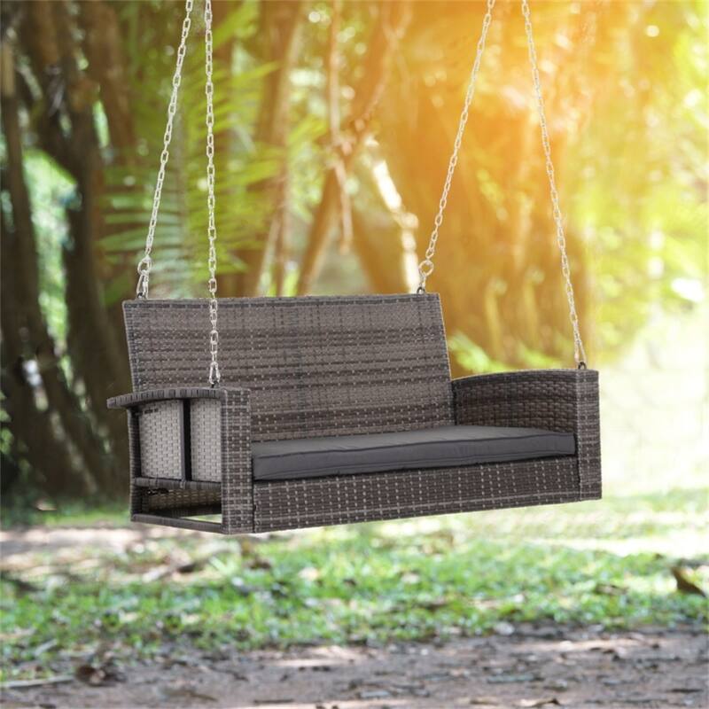 Outdoor PE Rattan Porch Swing Bench with Cushion and Chains for 2 Person Hanging Patio Seat - 50" L x 25.5" W x 23.5" H