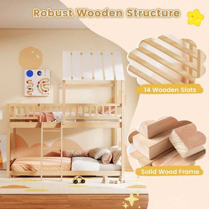Costway Twin Over Twin House Bunk Bed with Roof, Ladder & Full-length