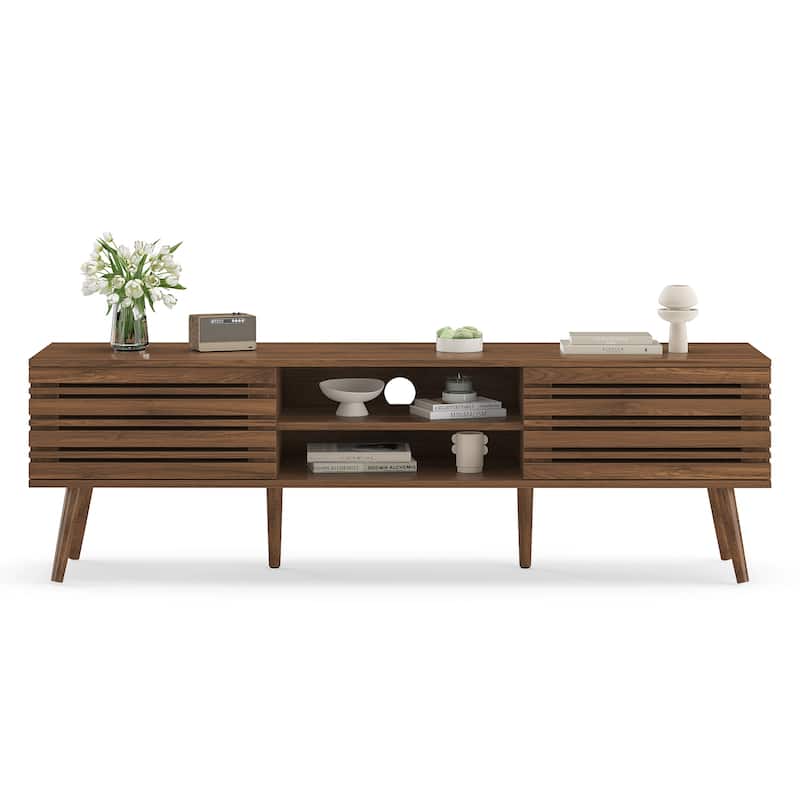 Mid Century Modern TV Stands for up to 70" TV with Storage, Fluted Wood TV Stand for Living Room, Boho Media Console - Natural Walnut