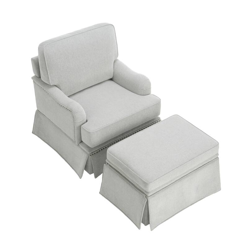 Skirted Swivel Accent Nailhead Barrel Chair With Storage Ottoman Set