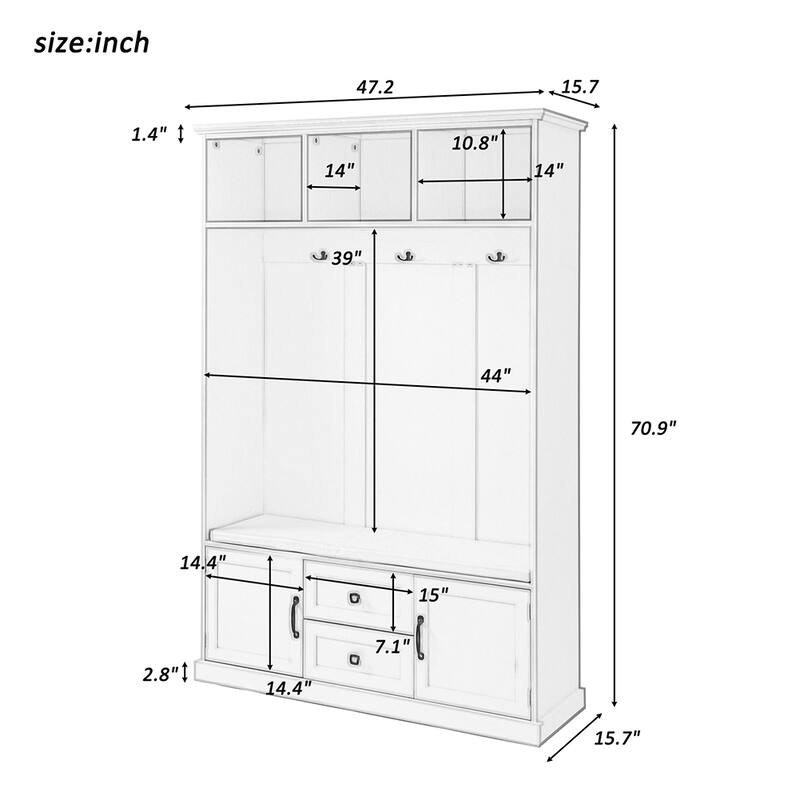 47''Hall Tree with Storage Bench,3 in 1Wood Coat Rack with 2-Door Cabinet and 3 Shelves 3 Hooks,Open Storage Shelves Shoe Bench