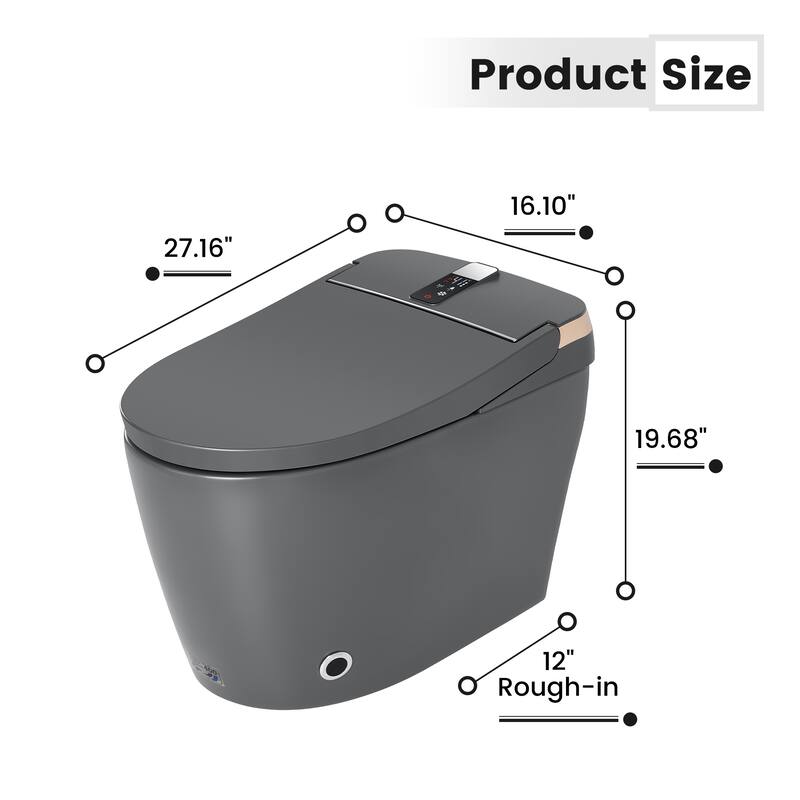 Elongated Smart Toilet with Bidet Wash, Heated Seat, Warm Air Dry, Remote Control, Auto Flush, LED Display