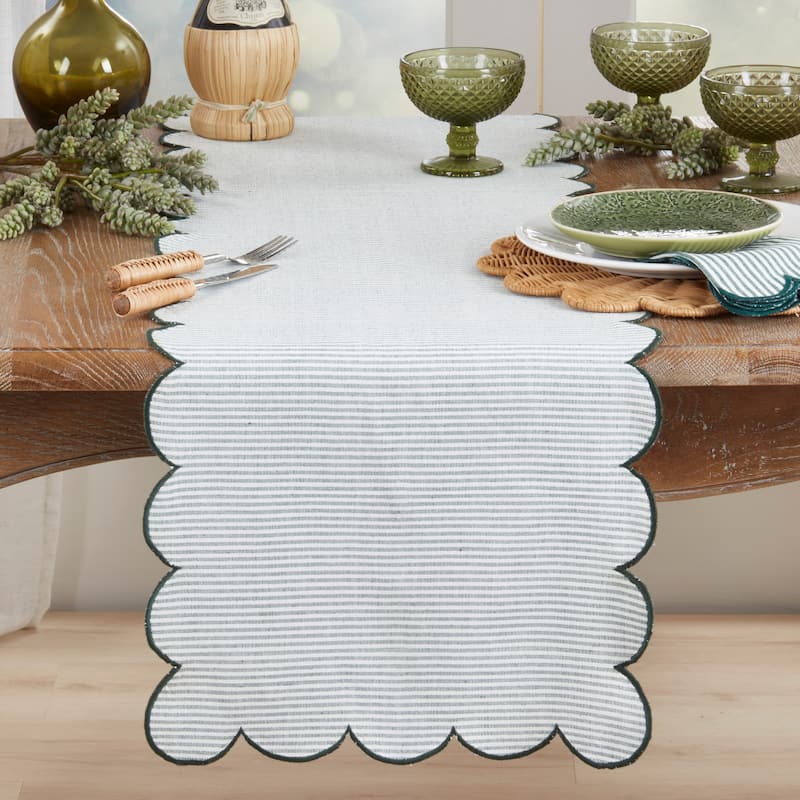 Cotton Striped Scalloped Table Runner - Everyday Woven Table Runner for Dining & Console Tables, 16"x72"