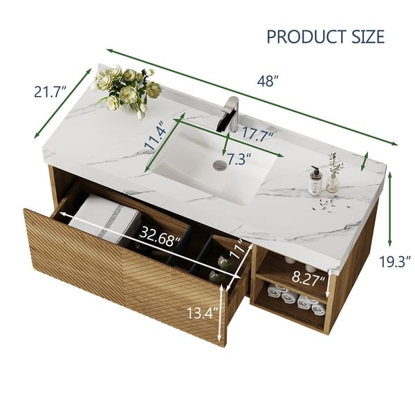 dimension image slide 1 of 10, 48" Modern Floating Single Bathroom Vanities with Sink, Brown or Natural wood, 2 Drawers