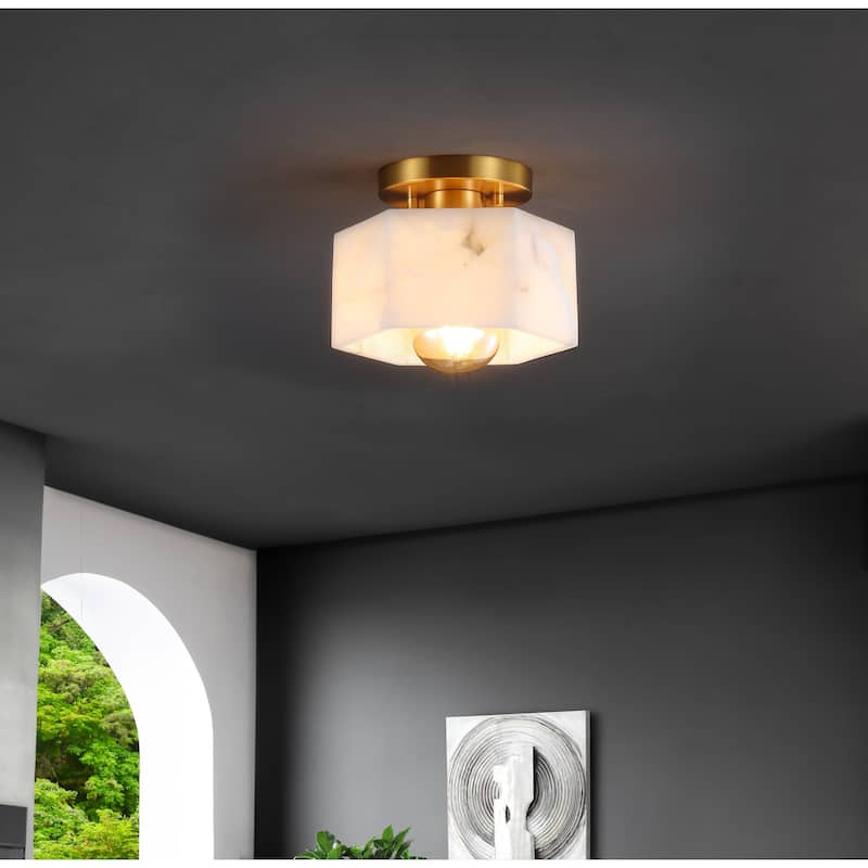 Celine 8" 1-Light Modern Contemporary Alabaster/Iron Hexagonal LED Semi Flush Mount, White Marbling/Brass Gold by JONATHAN Y