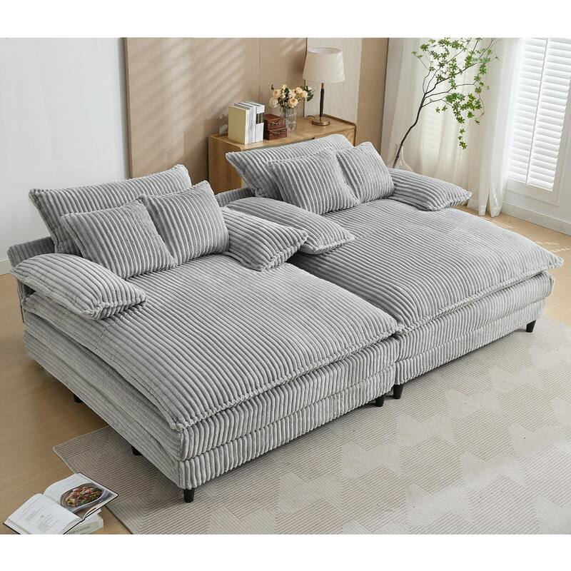 109" W Oversized Corduroy Lounge Chaise Sleeper Sofa 4 Pillows