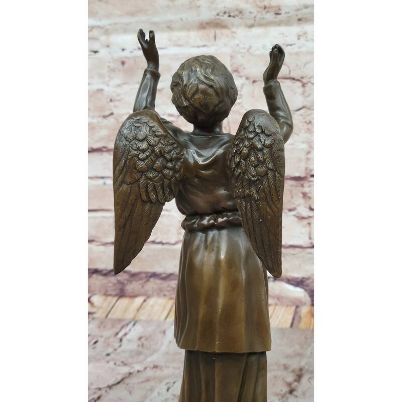 Bronze Child Angel Statue With Upraised Arms – Spiritual Décor On Marble Base