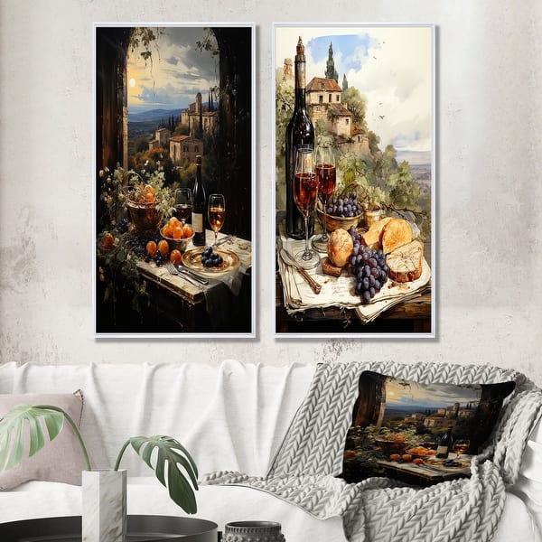 slide 2 of 5, Designart "Italian Wine Savory Journey" Wine Framed Art Set Of 2 - Traditional Wall Art Set Brown Wall Decor 2 Pieces 25 in. wide x 28 in. high - White