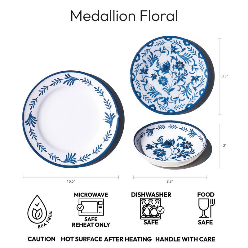 Abode Homewares Medallion Flower NewWave Melamine Dinner Plate - Blue - 10.5" - Set of 6