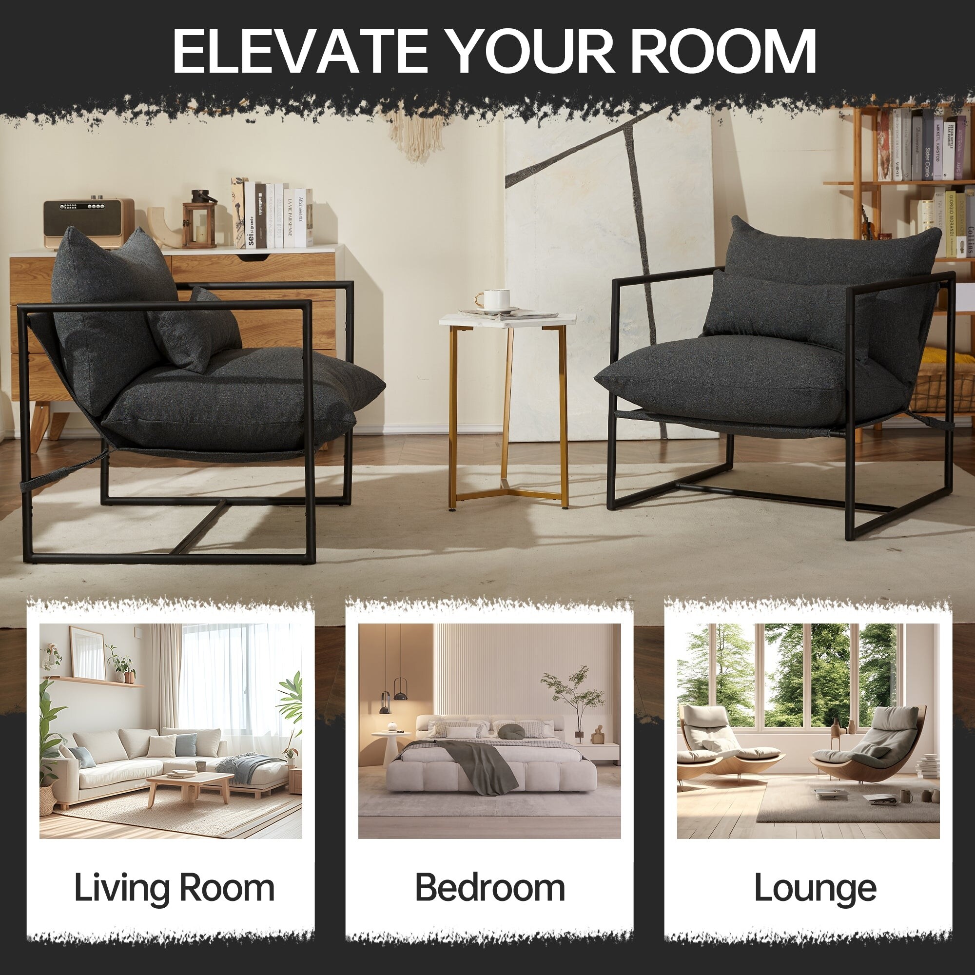 Sling Accent Chair Comfy Metal Framed Armchair with Upholstered Soft Cushion for Living Room, Sling Chair