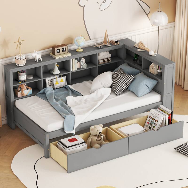 DayBed with 2 Drawers,Storage Shelf and USB Charging Ports