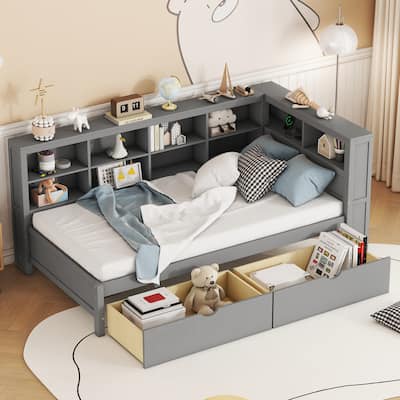 Wooden DayBed with Storage Shelf and USB Charging Ports
