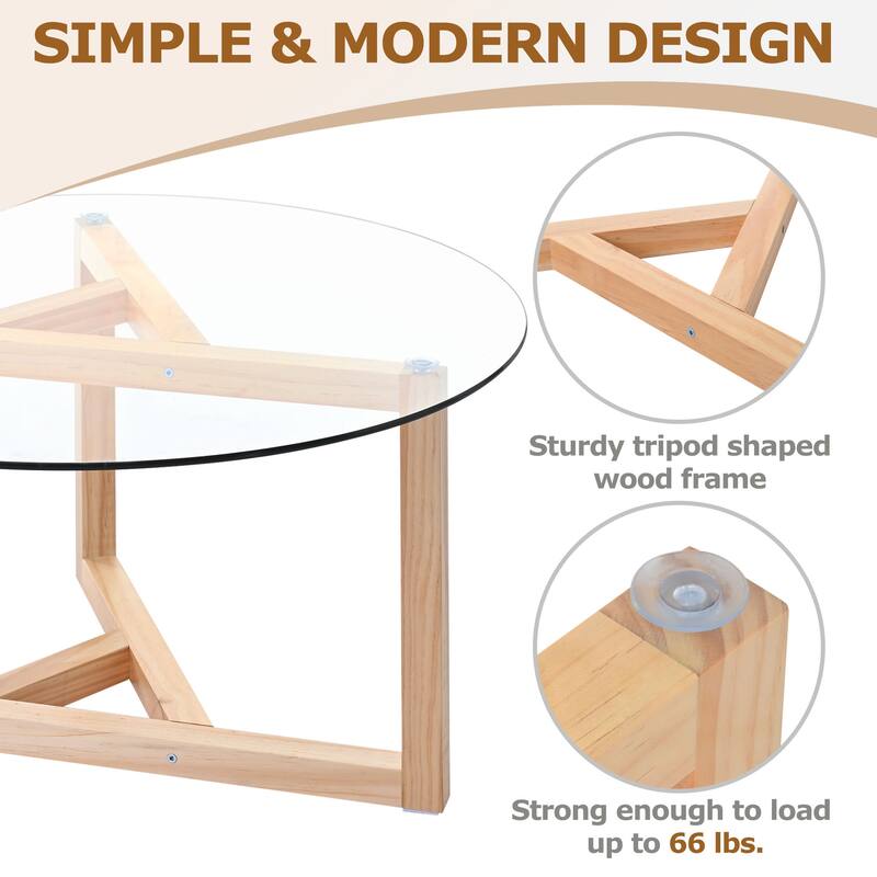 Round Tempered Glass Coffee Table with Wood Base
