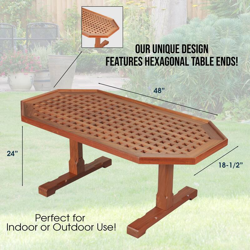 19" Brown Solid Teak Wood Hexagonal Coffee Table - 24" H x 18.5" W x 48" D
