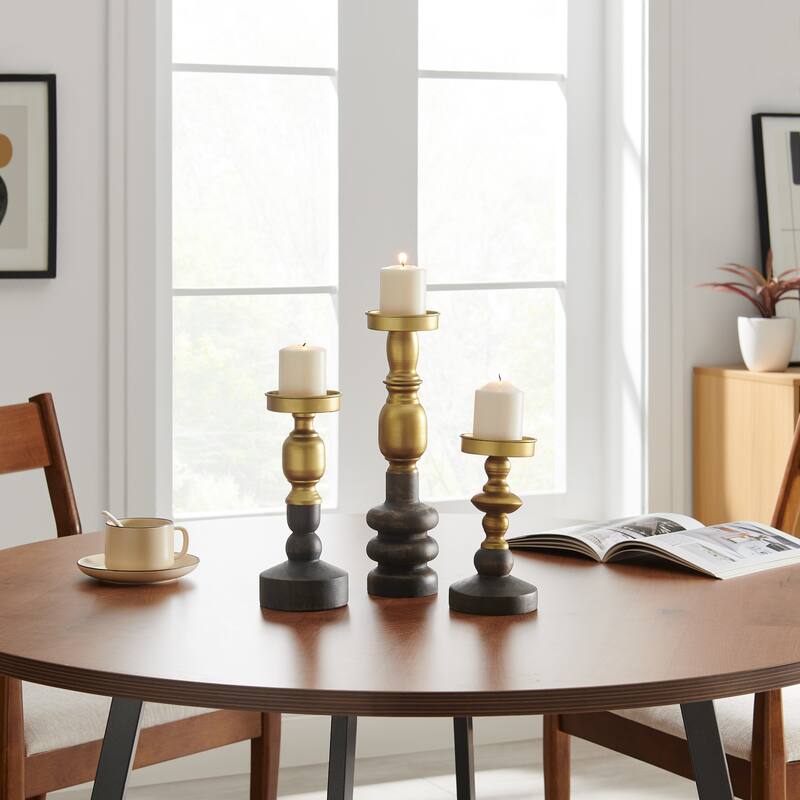 Vintage Style Candle Holders - 13.5" - Antique Brass and Brown - Set of 3