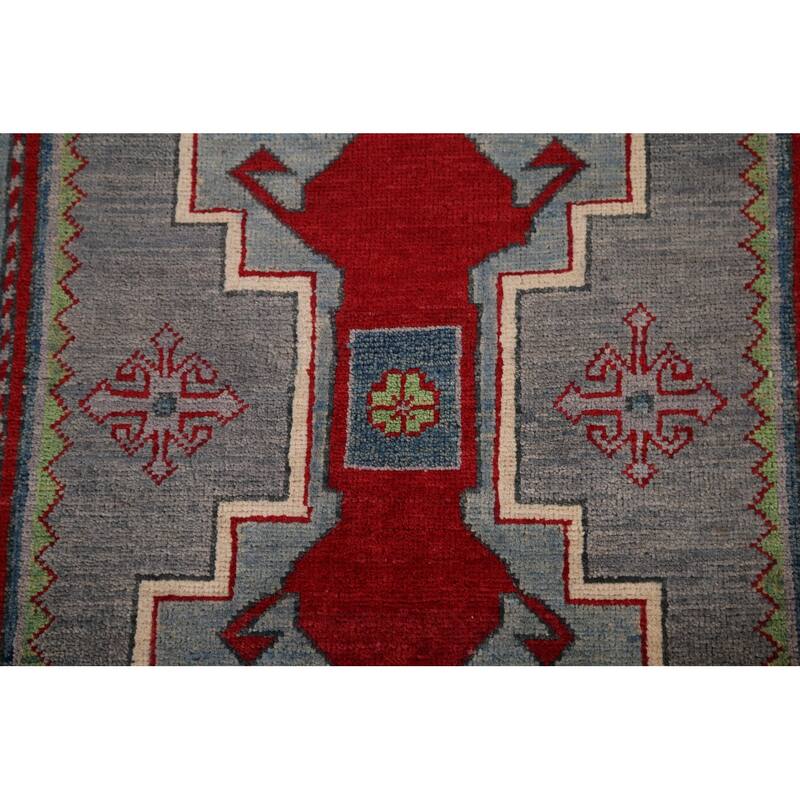 Kazak Accent Rug Hand-Knotted Grey Geometric Wool Carpet - 3'4" x 5'0"