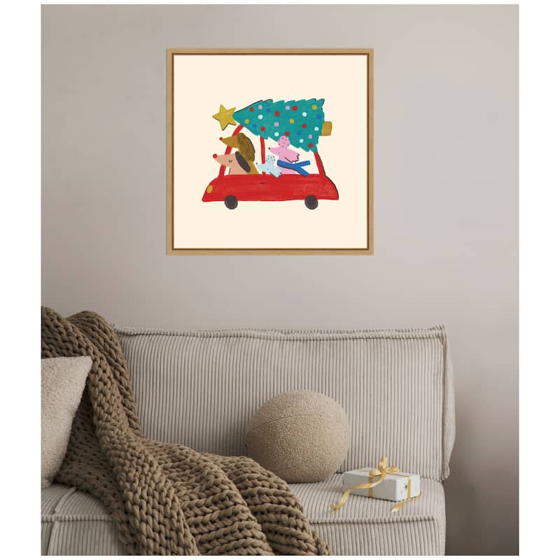 Kate and Laurel Sylvie Framed Canvas Driving Home For Christmas by Aislinn Simmonds Duchess Plum