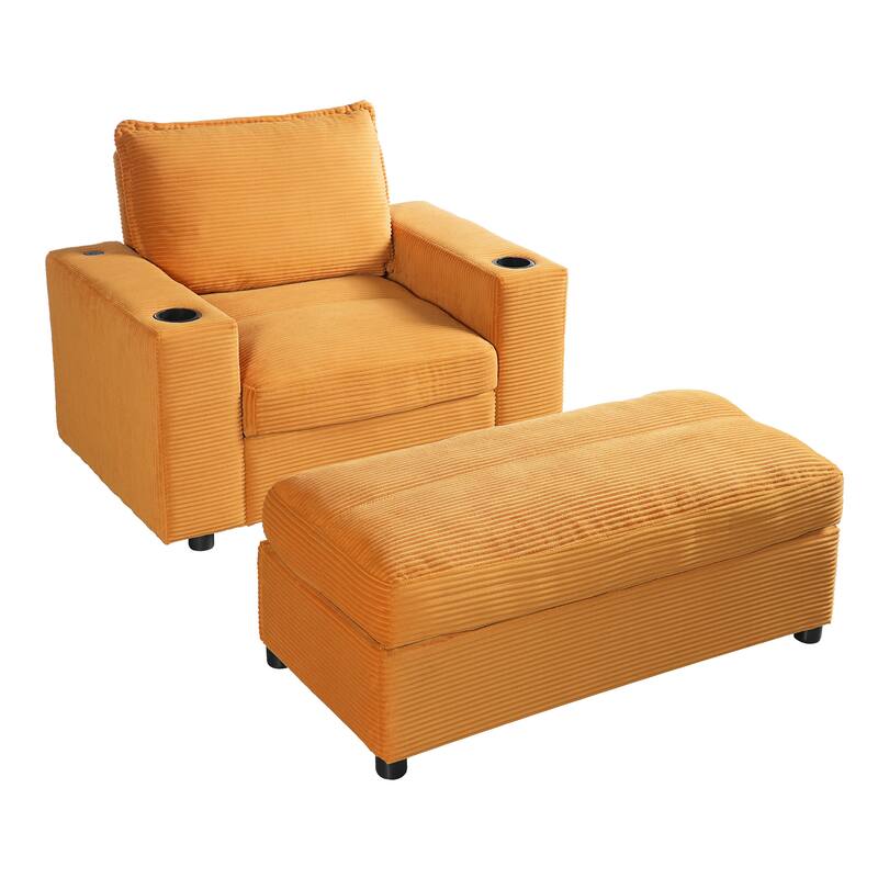 Roomfitters Oversized Chaise Lounge Chair with Storage Ottoman and Built-in USB Charging Port, Corduroy Sleeper Couch
