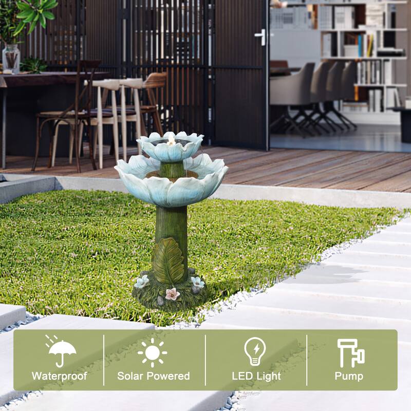 Solar Powered Blue Flower 2-Tier Resin Birdbath Fountain with Lights