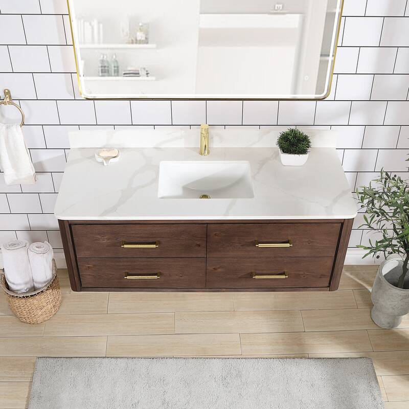 Cristo Floating Bath Vanity with White Quartz Stone Top without Mirror