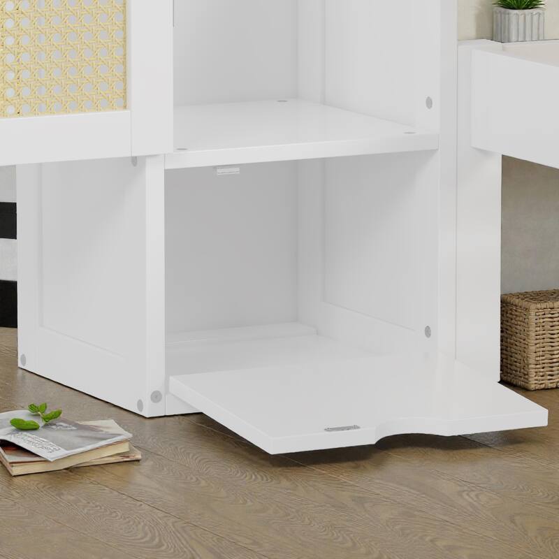 Twin Size Wooden Platform Bed with Rattan Headboard, Storage Lockers, Drawer and Shelf