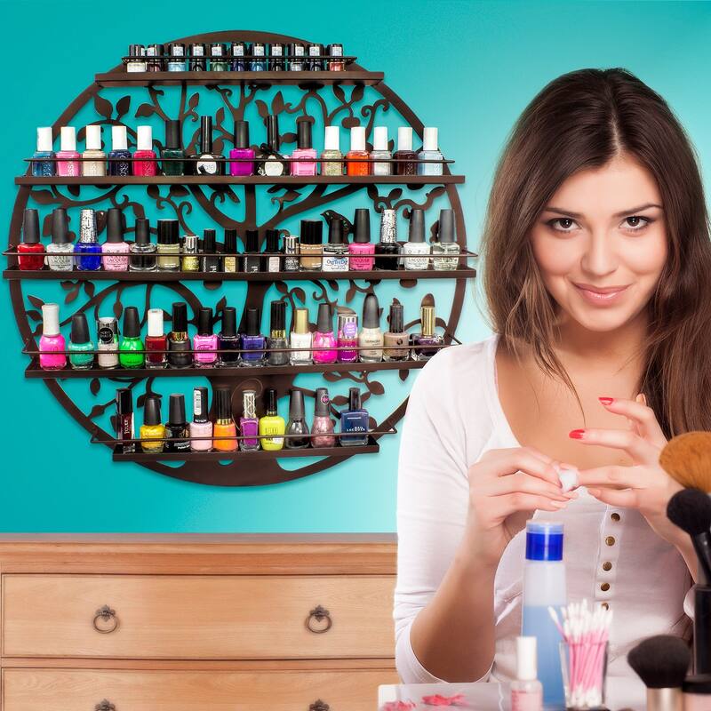 Sorbus Wall Mounted 5 Tier Nail Polish Rack Holder, Tree Silhouette Black Round Metal Salon Wall Art Display