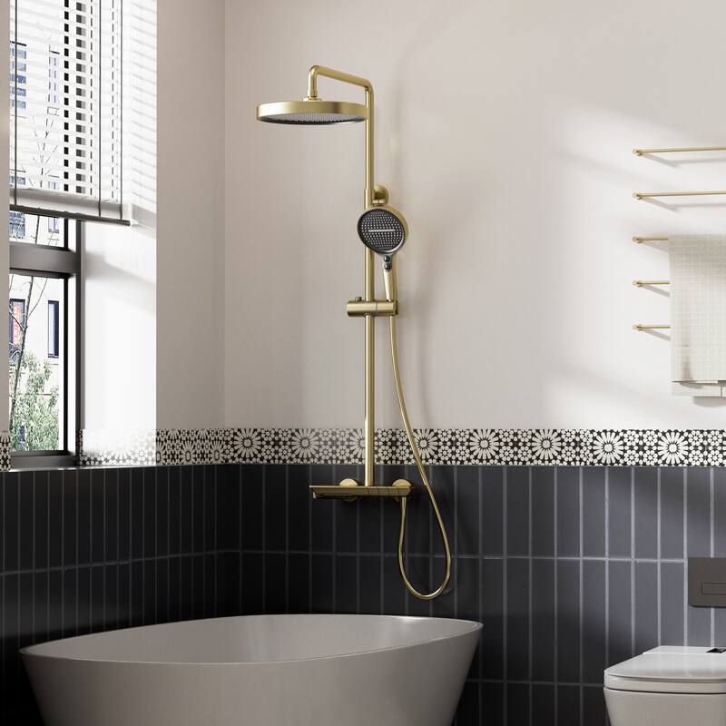 Modland 3-Function 11" Rainfall Shower System, Adjustable Slide Bar, 1.59GPM, Brushed Gold/Chrome