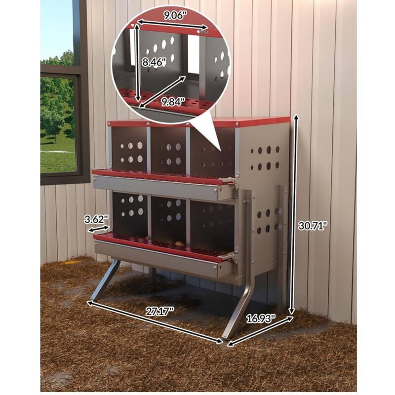 6-Compartment Chicken Nest Box Hens Laying Nest with Metal Legs and 8 Fake Training Eggs Red