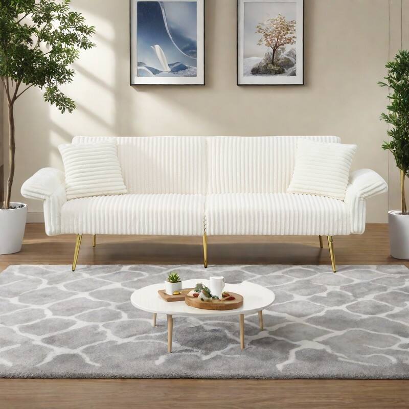 79" Corduroy Foldable Sofa Bed with 3-Position Armrests, High-Resilience Foam, and Metal Legs - White