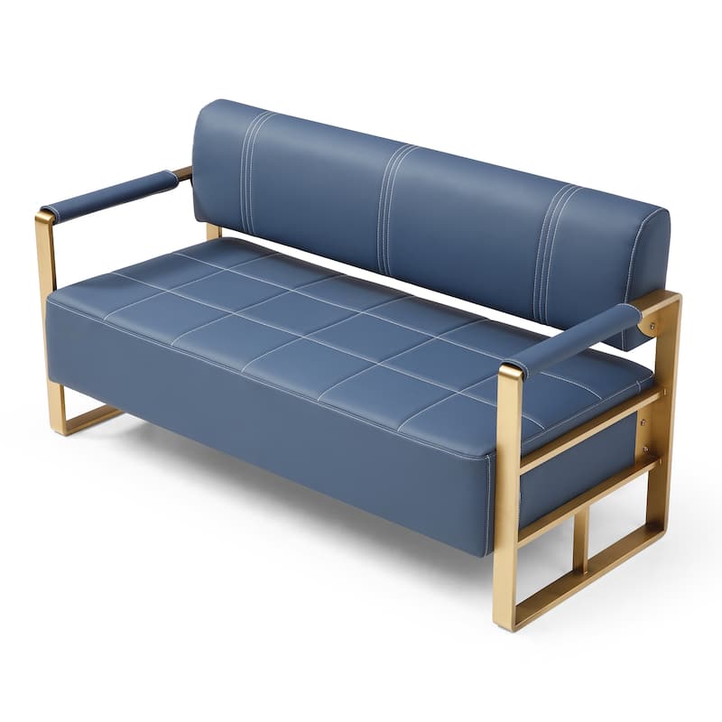 Upholstery Faux Bonded Leather Loveseat Sofa with Golden Metal Arms