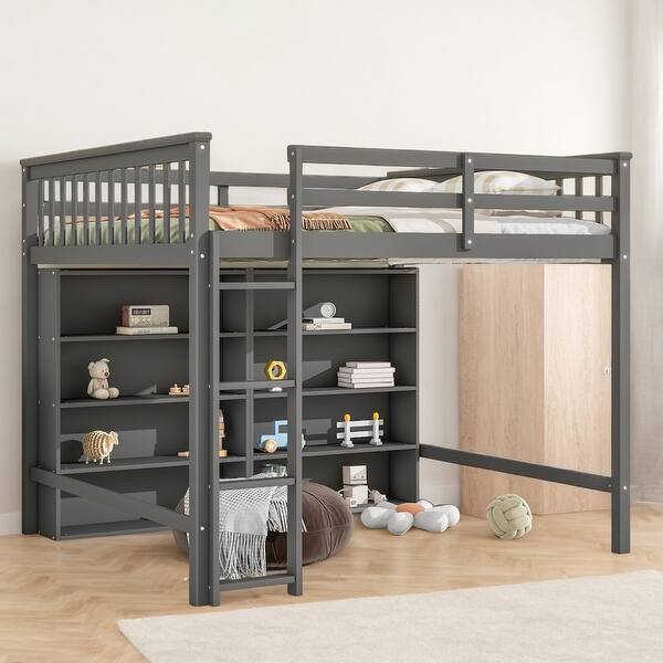 slide 2 of 24, Full Size Loft Kids Bed with 8-Open Storage Shelves and Built-in Ladder, Space-Saving Design for Bedroom, Easy to Assemble, Grey Grey