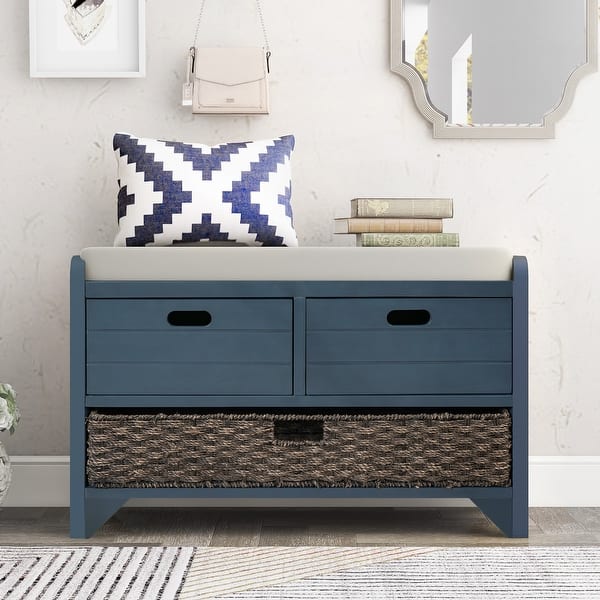 slide 2 of 37, Storage Bench with Removable Basket and 2 Drawers, Fully Assembled Shoe Bench with Removable Cushion Navy Blue